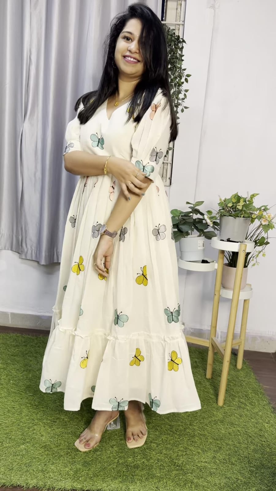 White Cotton Butterfly Print Kurti For Women