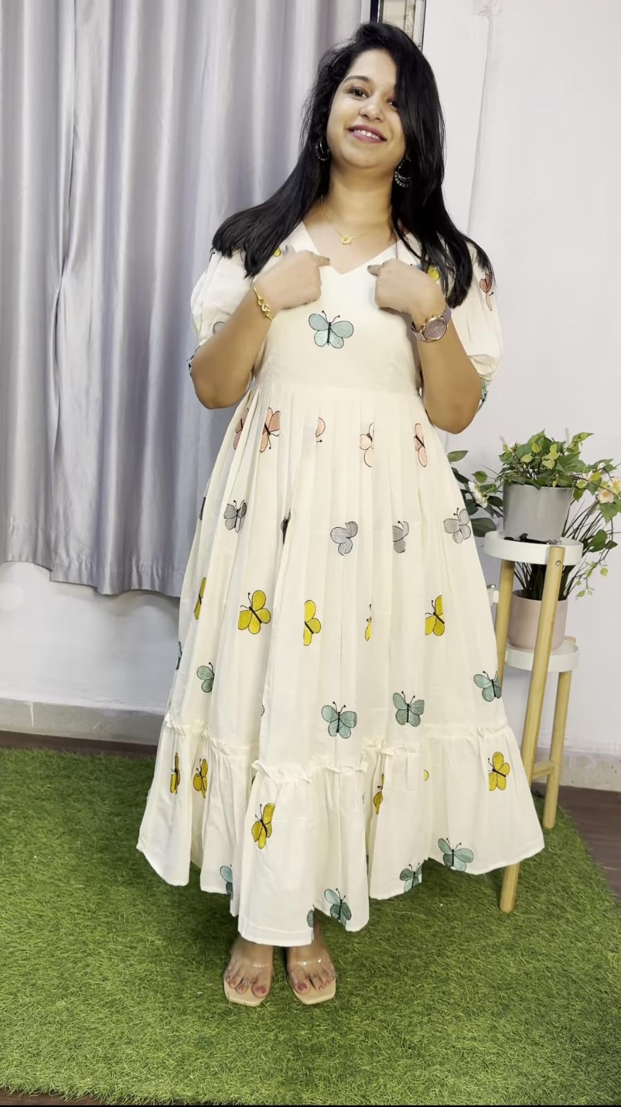 White Cotton Butterfly Print Kurti For Women
