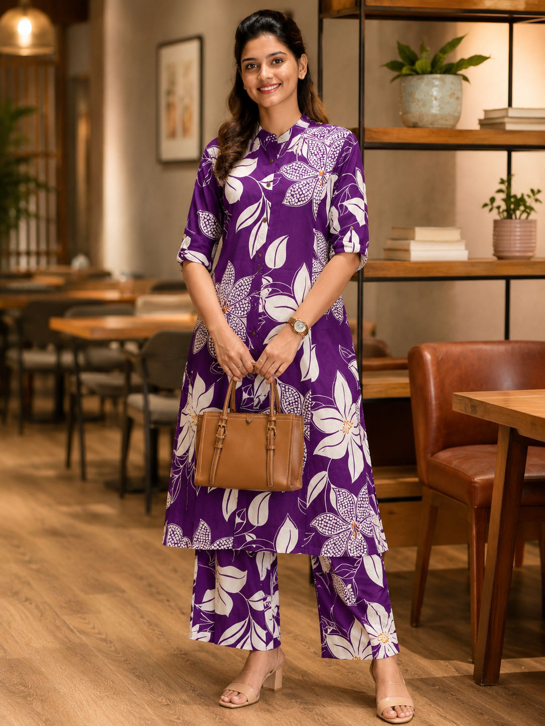 Premium Women's Pure Cotton Floral Printed A-Line Co-ord Set with Palazzo Pants