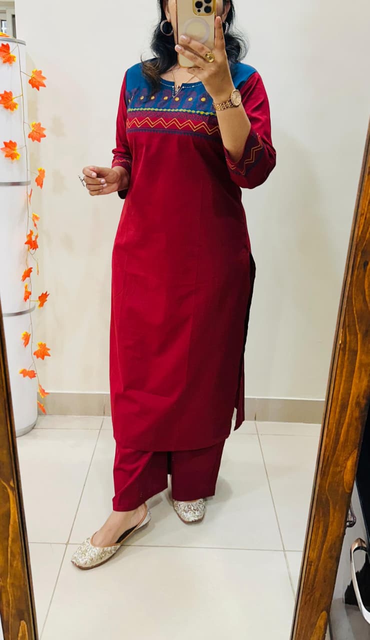Designer Cotton Straight Kurta and Pant Set with Block Print Yoke — Everyday Ethnic Coord Ensemble