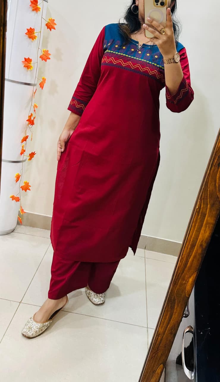 Designer Cotton Straight Kurta and Pant Set with Block Print Yoke — Everyday Ethnic Coord Ensemble