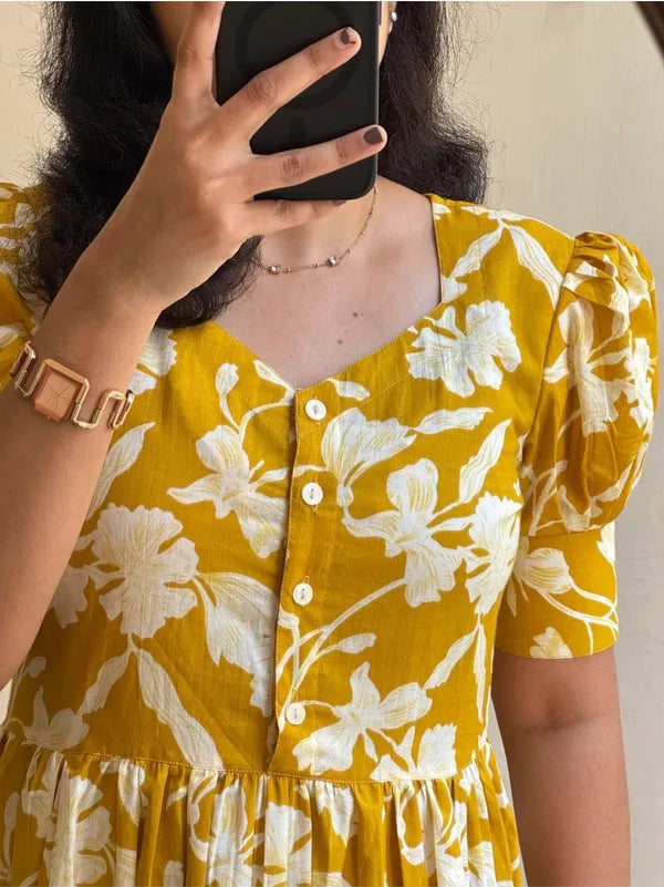 Cotton Puff Sleeve Midi Dress | Comfortable Summer Wear for Women | Stylish Everyday Outfit | Sizes 38 to 44