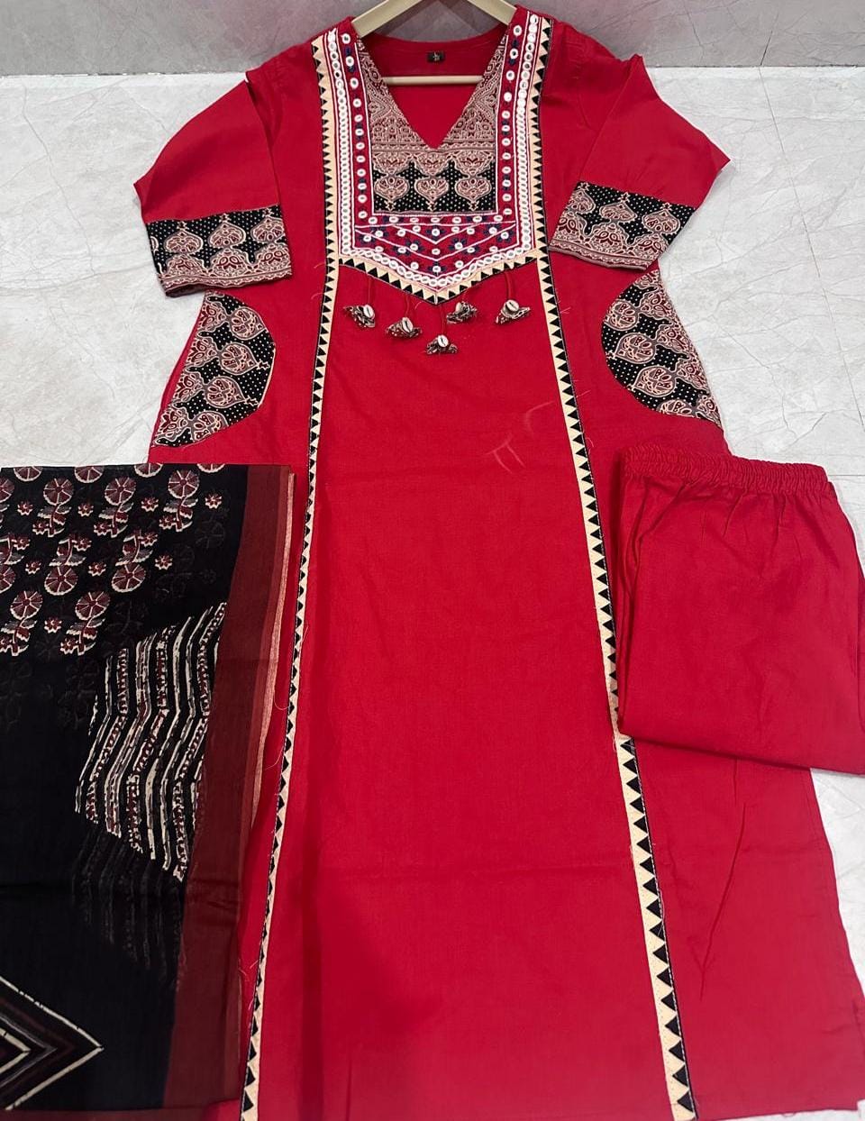 Women Premium Cotton Kurta Pant Dupatta Set with Embroidered Yoke and Ajrakh Dupatta