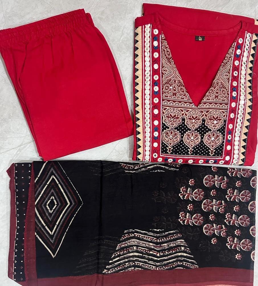 Women Premium Cotton Kurta Pant Dupatta Set with Embroidered Yoke and Ajrakh Dupatta