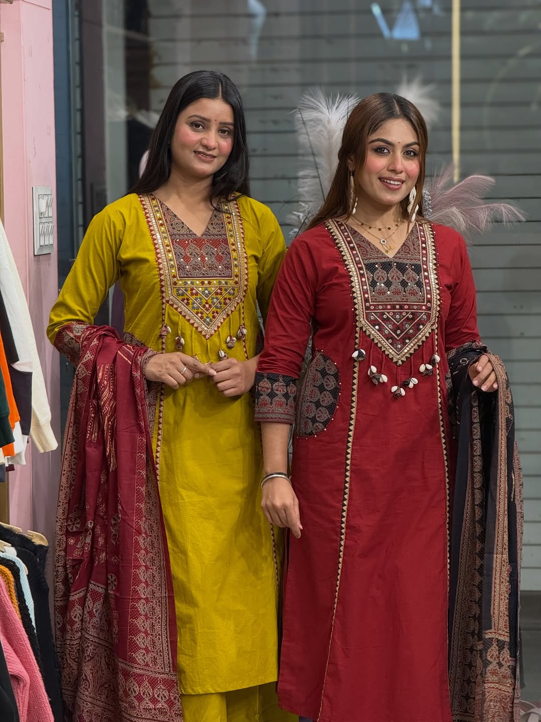 Women Premium Cotton Kurta Pant Dupatta Set with Embroidered Yoke and Ajrakh Dupatta