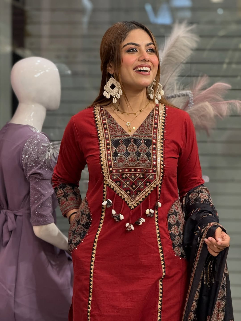 Women Premium Cotton Kurta Pant Dupatta Set with Embroidered Yoke and Ajrakh Dupatta
