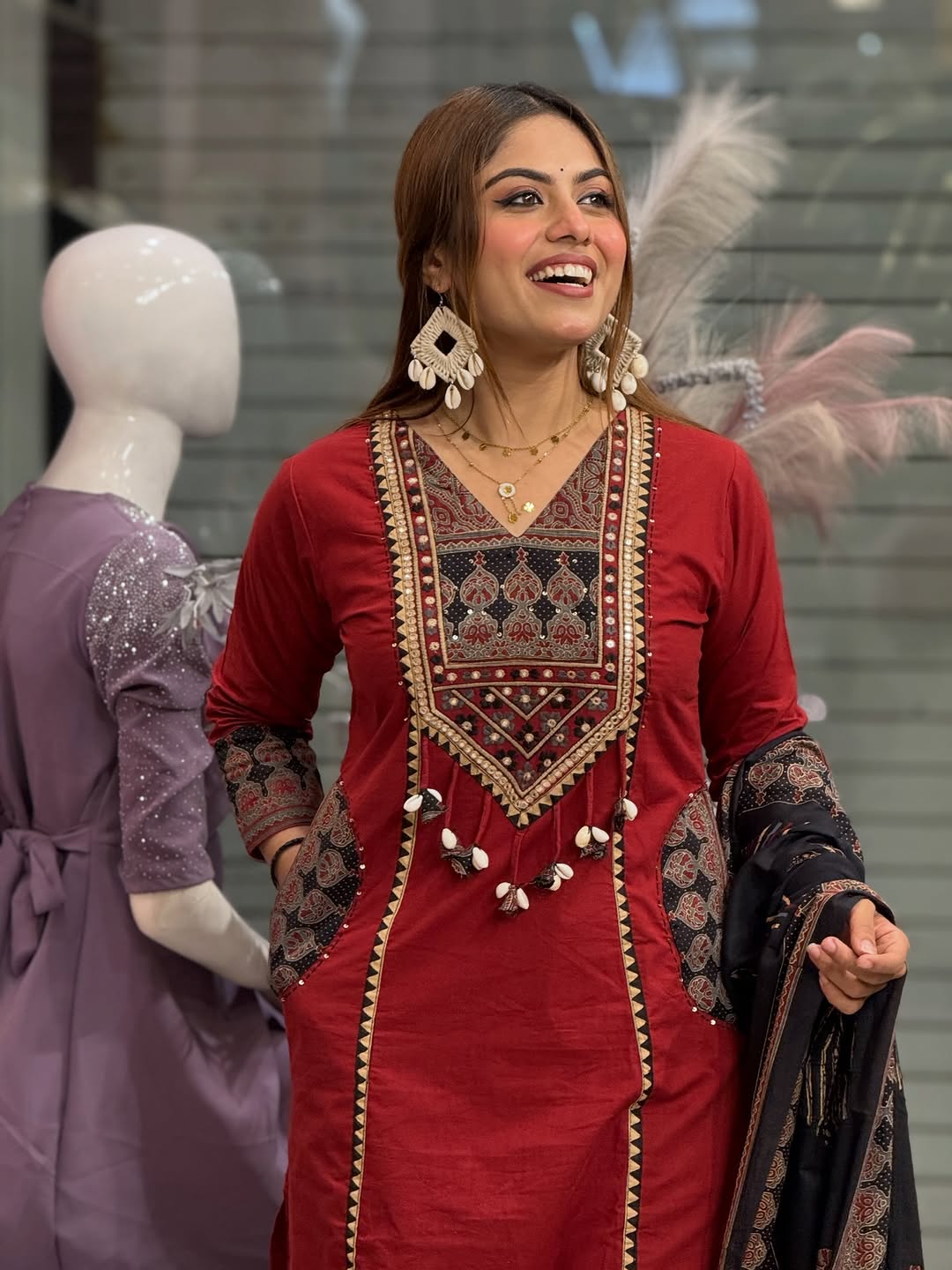 Women Premium Embroidered Yoke Pure Cotton Kurta Set with Pants and Dupatta Ethnic Three Piece Suit