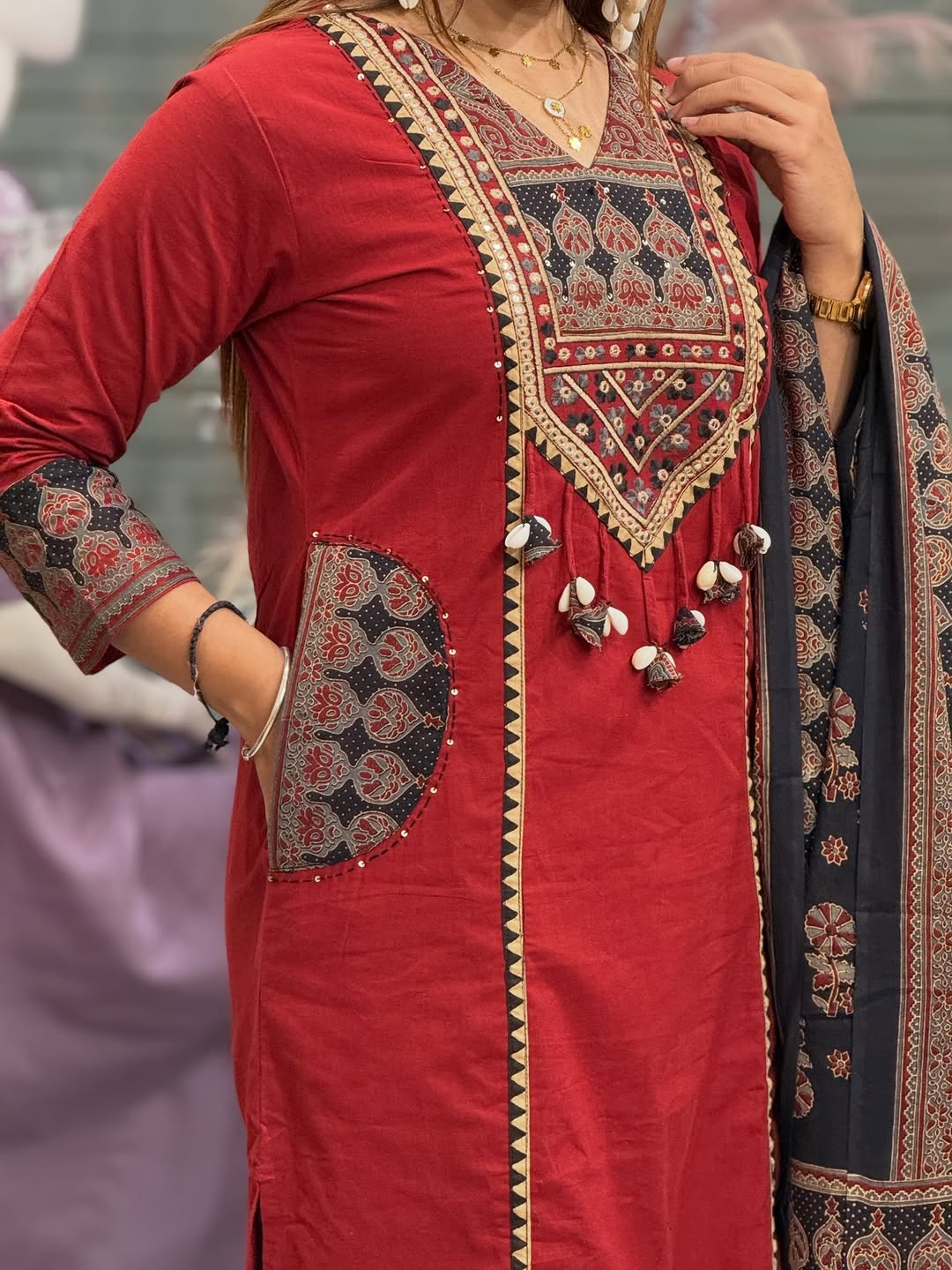 Women Premium Cotton Kurta Pant Dupatta Set with Embroidered Yoke and Ajrakh Dupatta