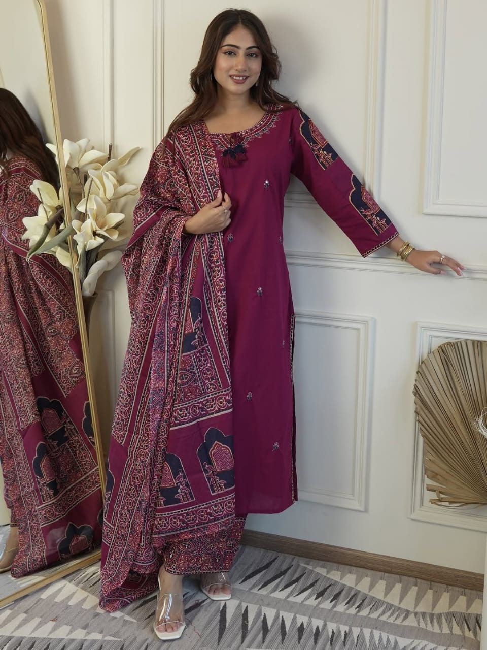 Premium heavy cotton kurta set with detailed neckline embroidery and coordinated pant and dupatta