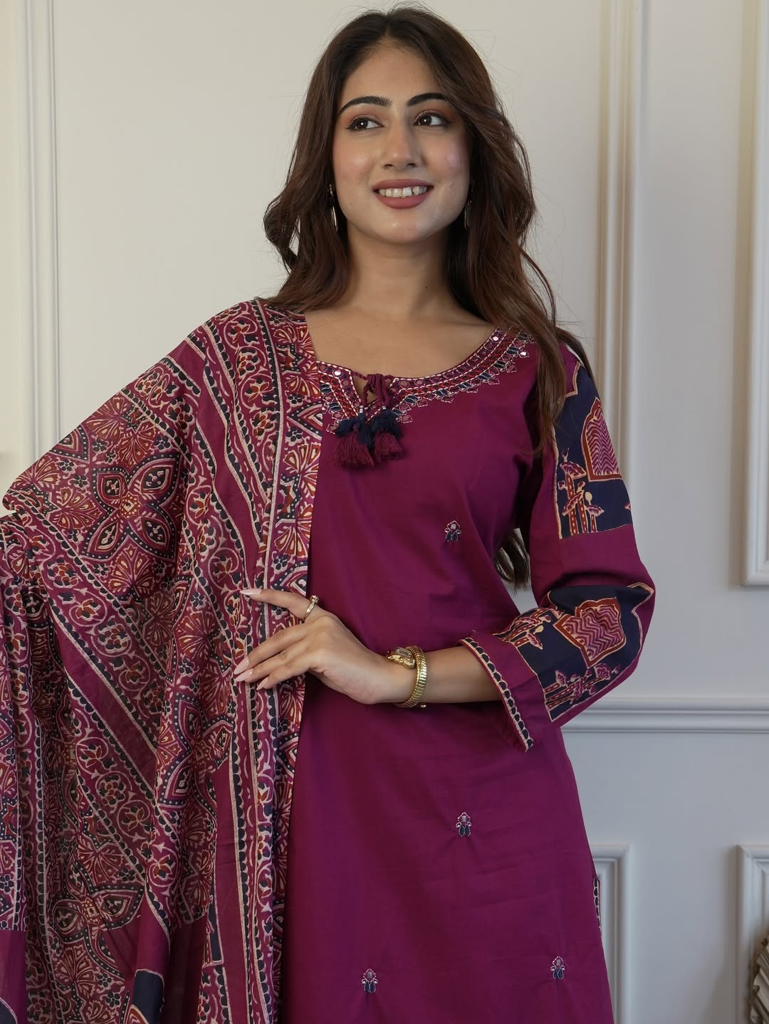 Premium heavy cotton kurta set with detailed neckline embroidery and coordinated pant and dupatta