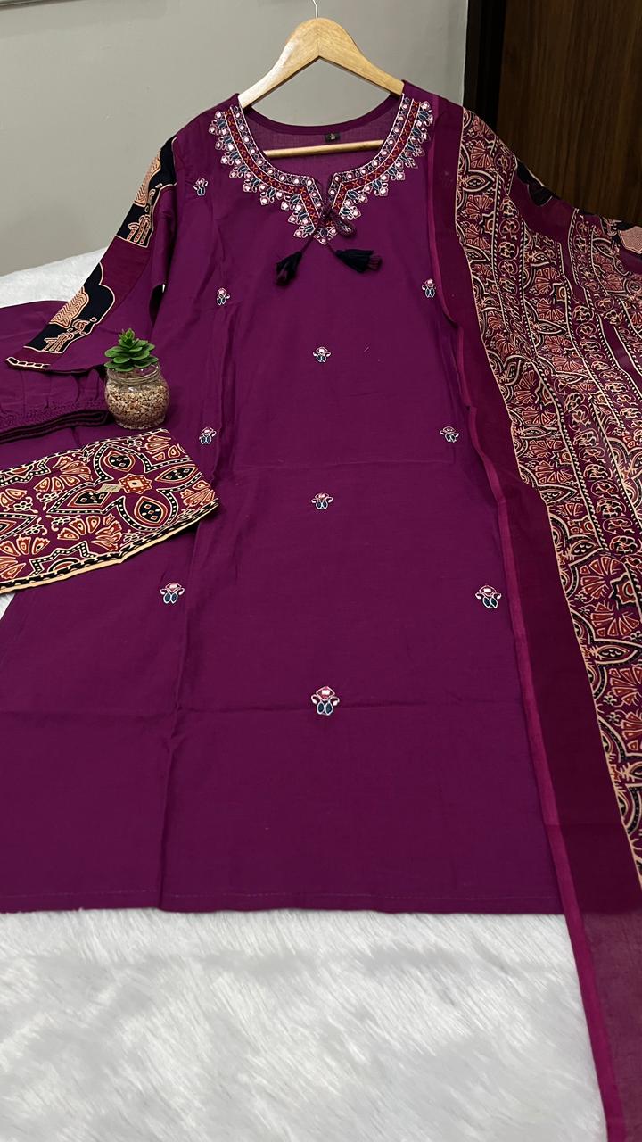 Premium heavy cotton kurta set with detailed neckline embroidery and coordinated pant and dupatta