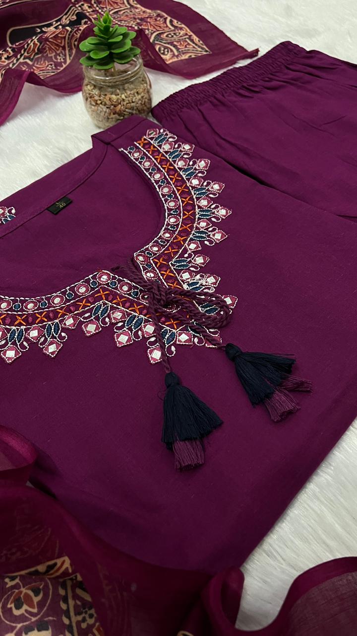 Premium heavy cotton kurta set with detailed neckline embroidery and coordinated pant and dupatta