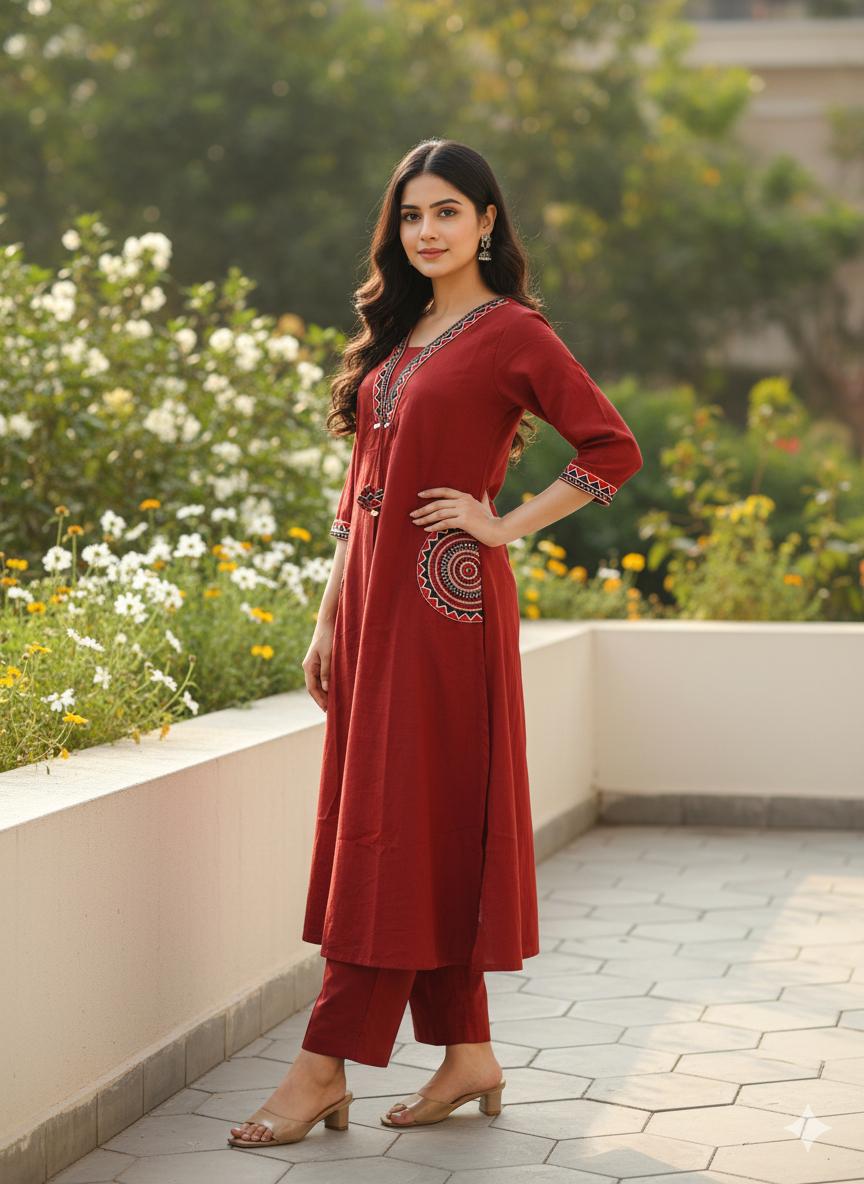 Women Premium Cotton Flex Kurta Palazzo Set with Embroidered Ethnic Detailing